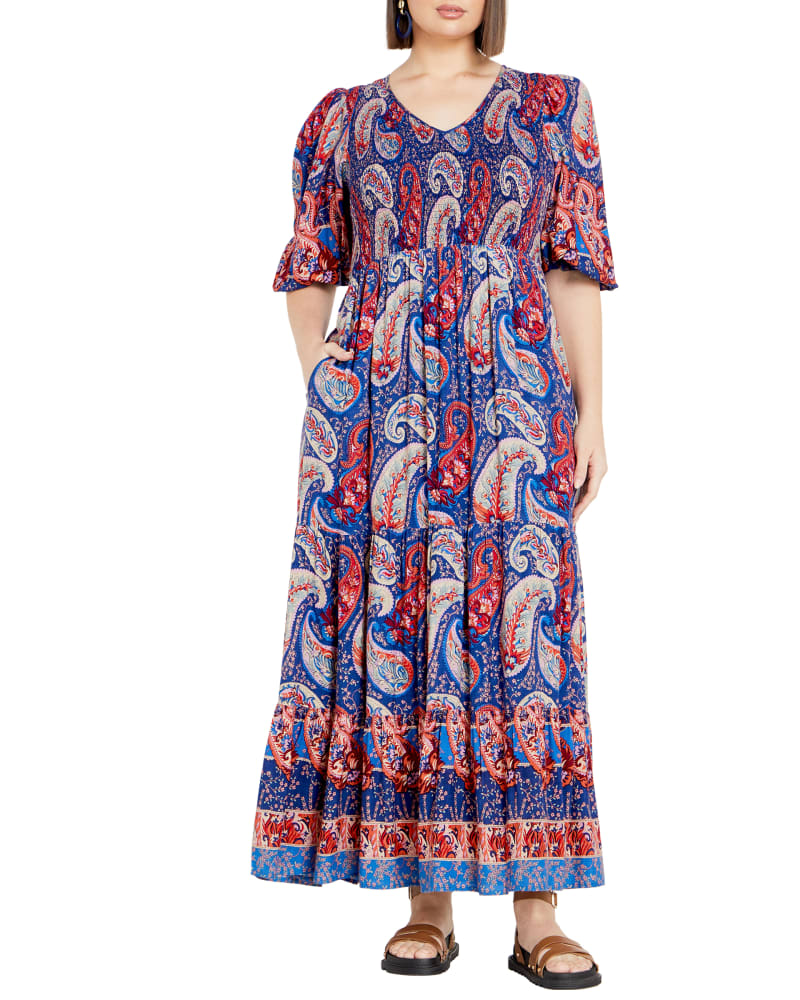 Front of a model wearing a size 16 Cheree Shirred Maxi in Bluebird Wonderland by avenue. | dia_product_style_image_id:297785